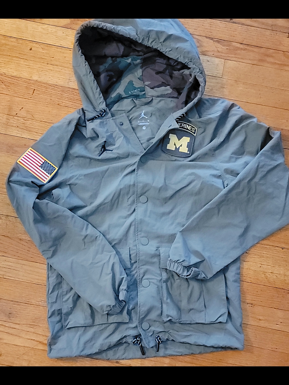 Jordan x University of Michigan Olive Green Hooded Windbreaker